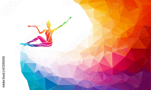 Creative silhouette of gymnastic girl. Art gymnastics with clubs
