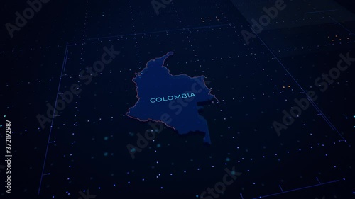 3d render of Colombia map. Camera flying through digital space.