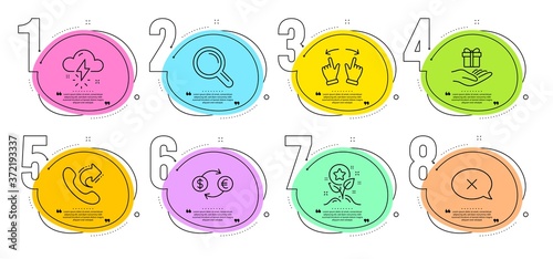 Reject, Loyalty program and Loyalty points signs. Timeline steps infographic. Share call, Thunderstorm weather and Research line icons set. Currency exchange, Move gesture symbols. Vector