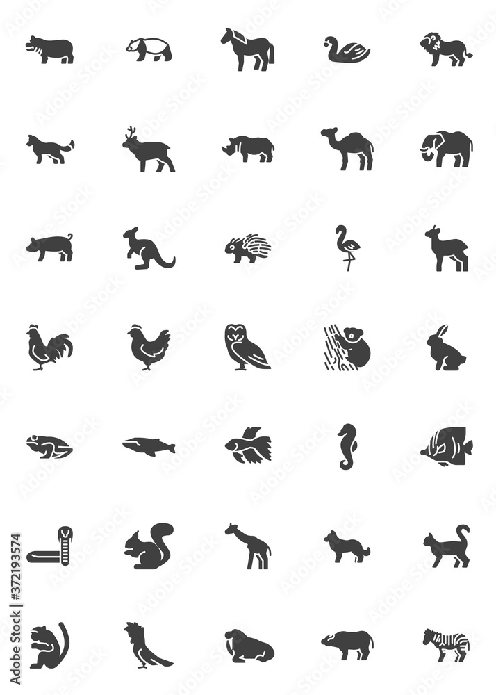 Wildlife animals vector icons set, modern solid symbol collection, filled style pictogram pack. Signs, logo illustration. Set includes icons as Hippopotamus, Bear, Horse, Swan bird, Lion predator Wildlife animals vector icons set, modern solid symbol collection, filled style pictogram pack. Signs, logo illustration. Set includes icons as Hippopotamus, Bear, Horse, Swan bird, Lion predator