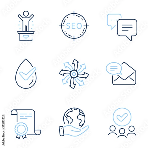 Seo, Winner podium and Dots message line icons set. Diploma certificate, save planet, group of people. Versatile, Dermatologically tested and New mail signs. Vector