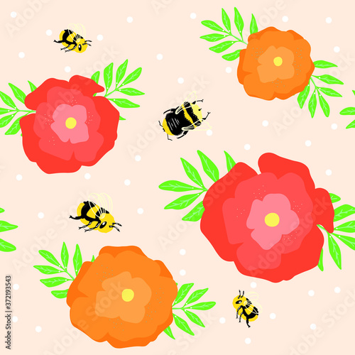 Seamless pattern with flying bees looking for the pollen