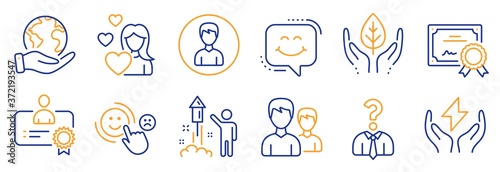 Set of People icons  such as Safe energy  Love. Certificate  save planet. Customer satisfaction  Certificate  Couple. Person  Fireworks  Smile chat. Fair trade  Hiring employees line icons. Vector
