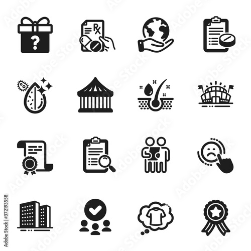 Set of Business icons, such as Sports arena, T-shirt. Certificate, approved group, save planet. Buildings, Medical prescription, Survey. Prescription drugs, Dirty water, Search analysis. Vector