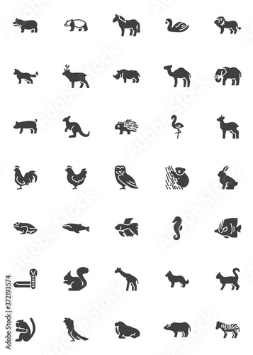 Wildlife animals vector icons set, modern solid symbol collection, filled style pictogram pack. Signs, logo illustration. Set includes icons as Hippopotamus, Bear, Horse, Swan bird, Lion predator © alekseyvanin