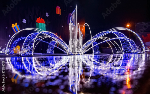 Fountain decorated with lights of different color