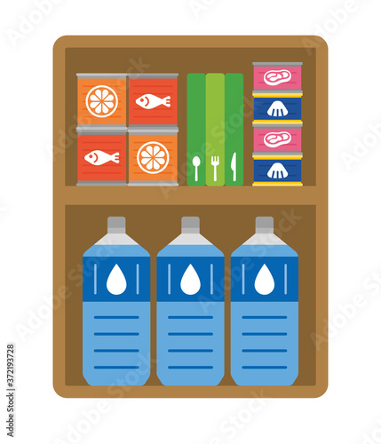 防災 フードストック 水 ペットボトル レトルト 食品 宅配 備蓄 備え 災害 ダンボール ベクター イラスト