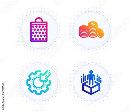Banking money, Shopping bag and Seo gear icons simple set. Button with halftone dots. Augmented reality sign. Cash finance, Paper package, Cogwheel. Virtual reality. Business set. Vector
