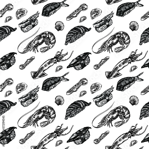Vector Illustration of rolls, sushi and seafood in the sketch style. Detailed drawing of images with a line in black and white. For menus, banners, icons, stickers, and any other directions. Seamless 