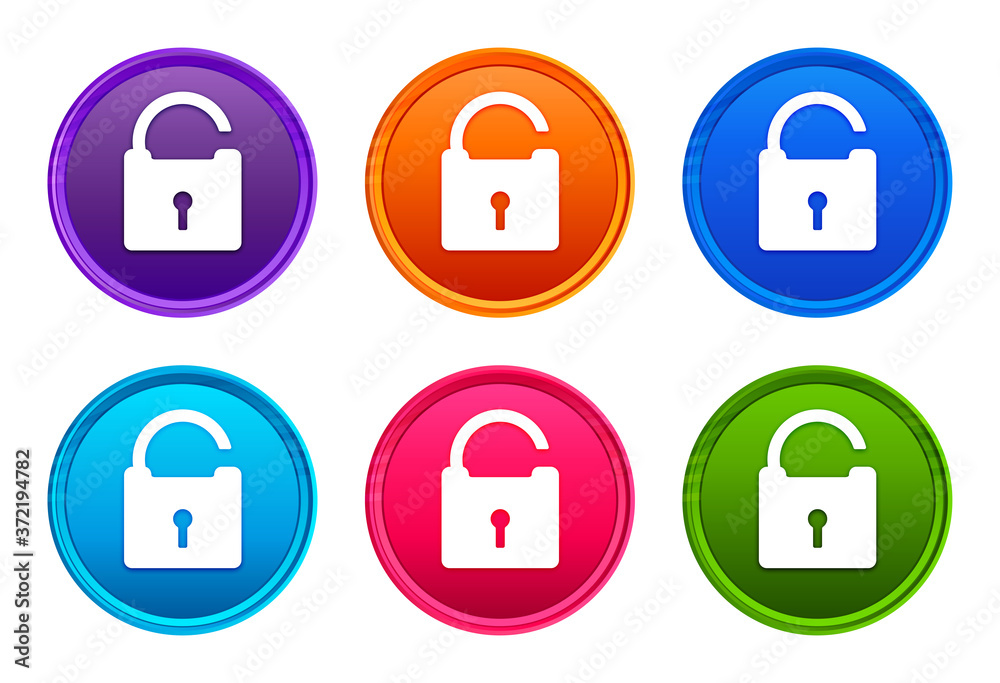 Unlock icon luxury bright round button set 6 color vector Unlock icon luxury bright round button set 6 color vector