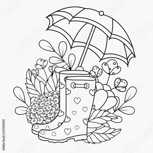 Coloring page with rubber boots and umbrella with floral background