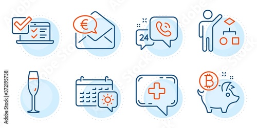 24h service, Euro money and Medical chat signs. Bitcoin coin, Algorithm and Online survey line icons set. Champagne glass, Travel calendar symbols. Piggy bank, Developers job. Business set. Vector