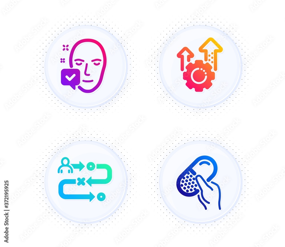 Seo gear, Face accepted and Journey path icons simple set. Button with halftone dots. Capsule pill sign. Cogwheel, Access granted, Project process. Medicine drugs. Science set. Vector