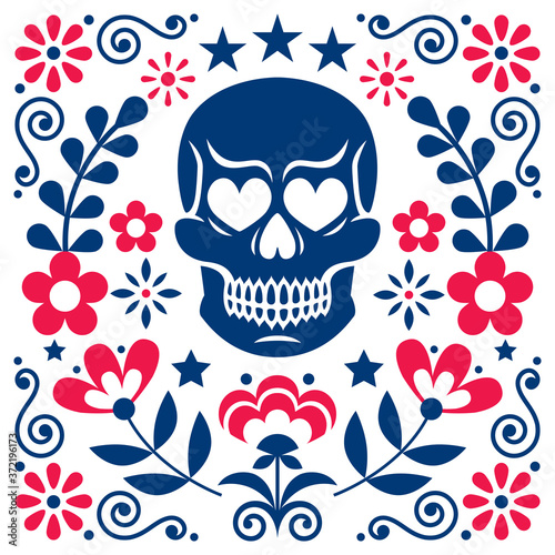Mexical skull and flowers vector design, Halloween and Day of the Dead decoration - folk art style
