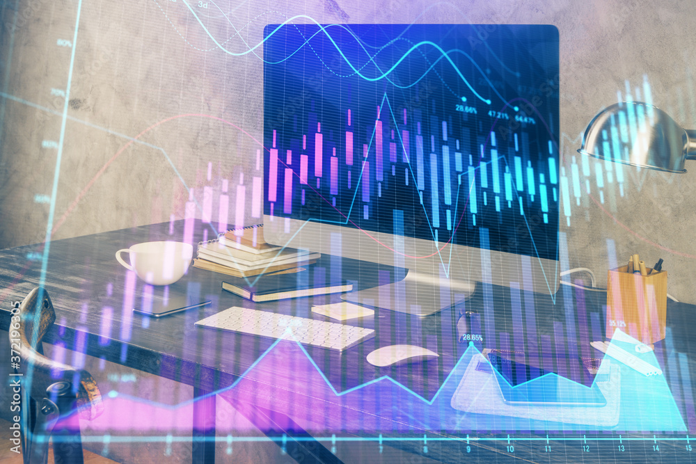 Financial graph colorful drawing and table with computer on background. Double exposure. Concept of international markets.