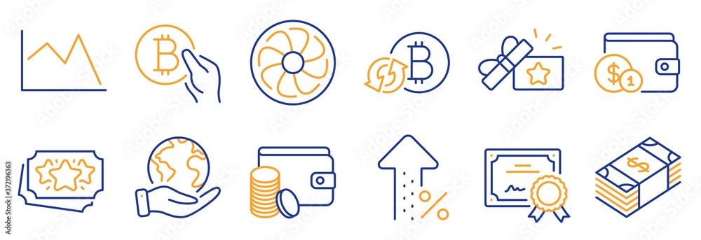 Set of Finance icons, such as Line chart, Loyalty points. Certificate, save planet. Refresh bitcoin, Buying accessory, Usd currency. Loyalty gift, Increasing percent, Fan engine. Vector