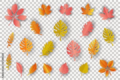 Paper art autumn leaves isolated on transparent background