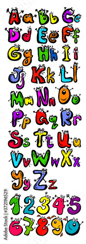Children's fun alphabet with eyes. Funny multi-colored numbers. Vector illustration