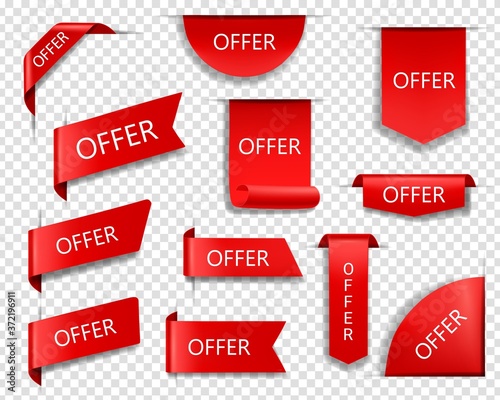 Sale offer red vector banners, ribbons and labels. Isolated internet business corners, realistic discount silk scarlet promotional event banners, shopping flags, tags, sale offer badges or 3d icon set