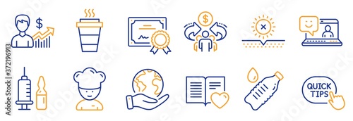 Set of Business icons, such as Takeaway, Smile. Certificate, save planet. Medical vaccination, Water bottle, Cooking chef. No sun, Sharing economy, Quick tips. Vector