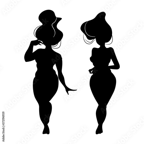 Silhouettes of standing women body with size plus and hair. Body positive in black color isolated on white background. Girls with round shapes. Any woman figures is perfect. Vector stock illustration.