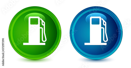 Fuel dispenser icon artistic shiny glossy blue and green round button set