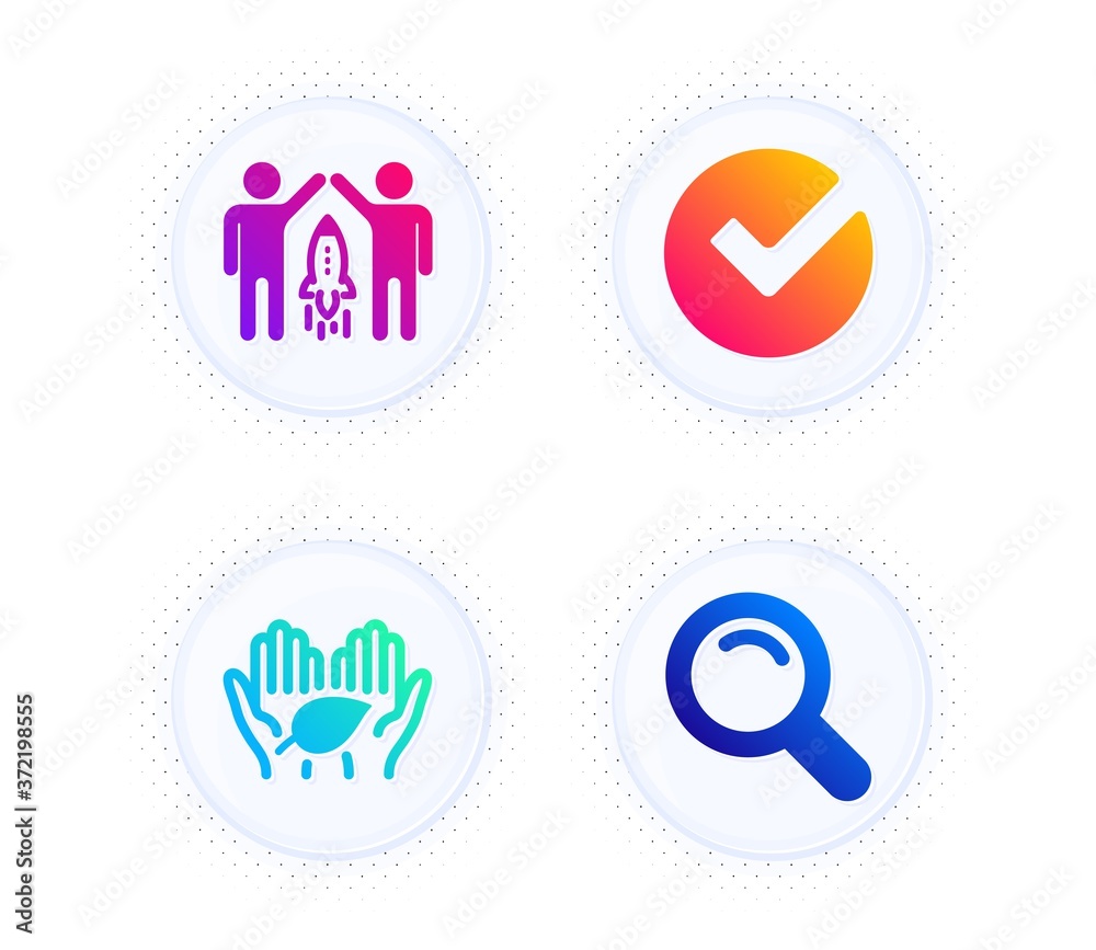 Partnership, Fair trade and Verify icons simple set. Button with halftone dots. Search sign. Business startup, Safe nature, Selected choice. Magnifying glass. Science set. Vector Partnership, Fair trade and Verify icons simple set. Button with halftone dots. Search sign. Business startup, Safe nature, Selected choice. Magnifying glass. Science set. Vector