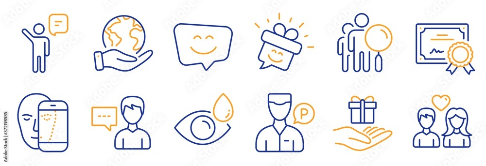 Set of People icons, such as Smile face, Smile. Certificate, save planet. Face biometrics, Eye drops, Person talk. Loyalty program, Search people, Valet servant. Agent, Couple love line icons. Vector