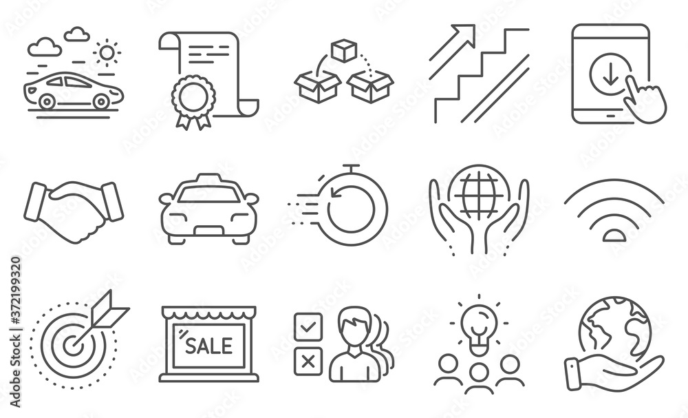 Set of Business icons, such as Parcel shipping, Target purpose. Diploma, ideas, save planet. Car travel, Opinion, Taxi. Fast recovery, Scroll down, Stairs. Sale, Handshake, Wifi. Vector - obrazy, fototapety, plakaty 