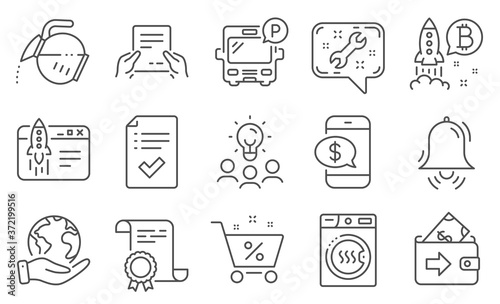 Set of Business icons, such as Loan percent, Clock bell. Diploma, ideas, save planet. Start business, Spanner, Phone payment. Wallet, Approved checklist, Dryer machine. Vector