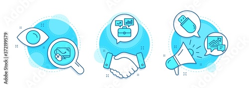 Usb stick, Computer mouse and Business portfolio line icons set. Handshake deal, research and promotion complex icons. Accounting sign. Memory flash, Pc component, Job interview. Vector