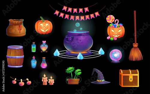 Happy Halloween. Big set of halloween room with door, cauldron, pumpkins, candy, vedim hat, magic ball, potions, broom, flycatcher, spiders and candles.Elements, icons for games and mobile application