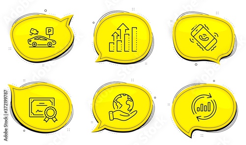 Update data sign. Diploma certificate, save planet chat bubbles. Call center, Analysis graph and Parking security line icons set. Phone support, Targeting chart, Video camera. Sales chart. Vector