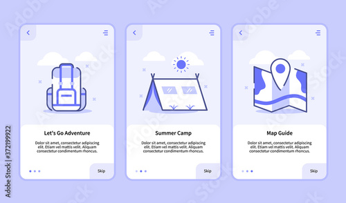 Camping onboarding screen modern user interface UX UI template for mobile apps smartphone let's go adventure summer camp map guide with flat style