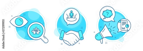 Question mark, Augmented reality and Quick tips line icons set. Handshake deal, research and promotion complex icons. Report sign. Quiz chat, Virtual reality, Tutorials. Work analysis. Vector
