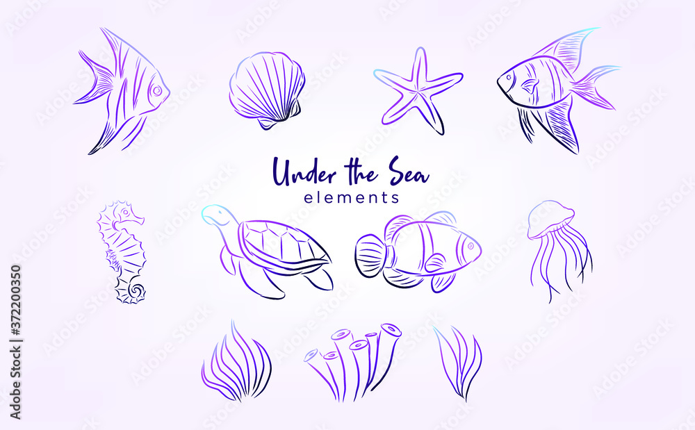 under the sea elements with line art and gradient color under the sea elements with line art and gradient color