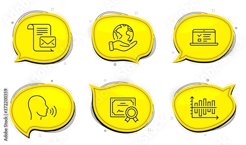 Diagram chart sign. Diploma certificate, save planet chat bubbles. Mail letter, Web lectures and Human sing line icons set. Read e-mail, Online test, Talk. Presentation graph. Education set. Vector