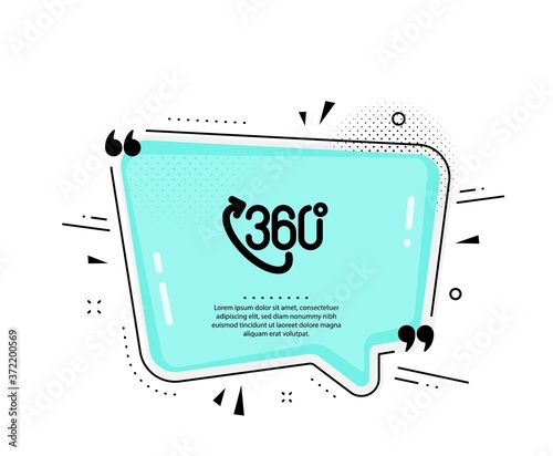 360 degree icon. Quote speech bubble. VR technology simulation sign. Panoramic view symbol. Quotation marks. Classic 360 degree icon. Vector