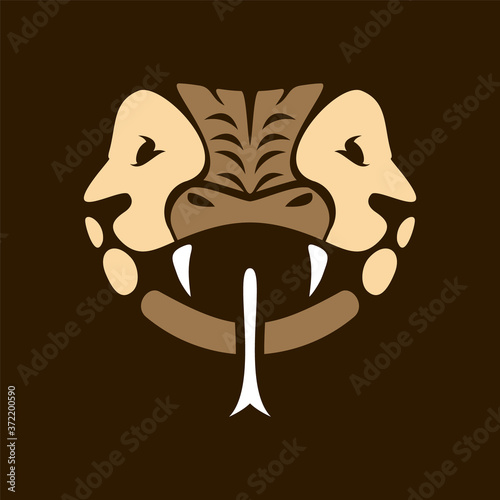 Two right and left lion heads combined into a snake head with a cruel impression. Has the impression of strong energy, an attacker, not hopeless