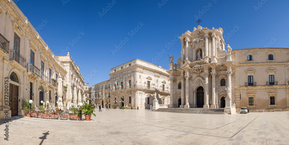 Panorama of an empty Piazza Duomo and of the Cathedral of Syracuse in Sicily