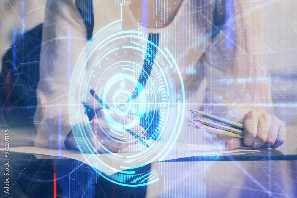 Multi exposure of woman's writing hand on background with data technology hud. Big data concept. Multi exposure of woman's writing hand on background with data technology hud. Big data concept.