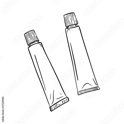 Metal tubes for paint, toothpaste, or glue. Template with an empty space for text. Engraving style. Digital drawing. Hand drawn and isolated on white. Black and white vector illustration.