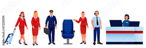 Airline airport staff team vector illustration. Pilot stewardess registration desk manager flight dispatcher characters