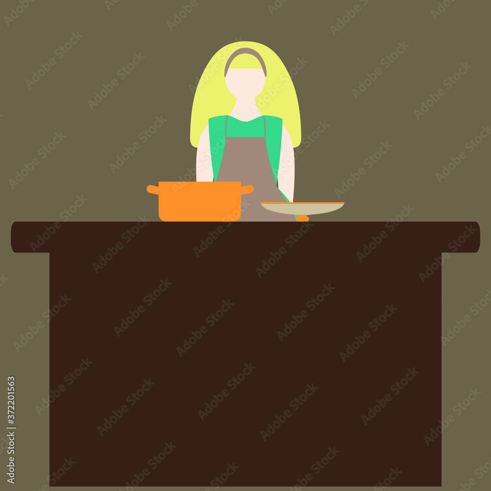 Woman in apron at the kitchen table and open saucepan