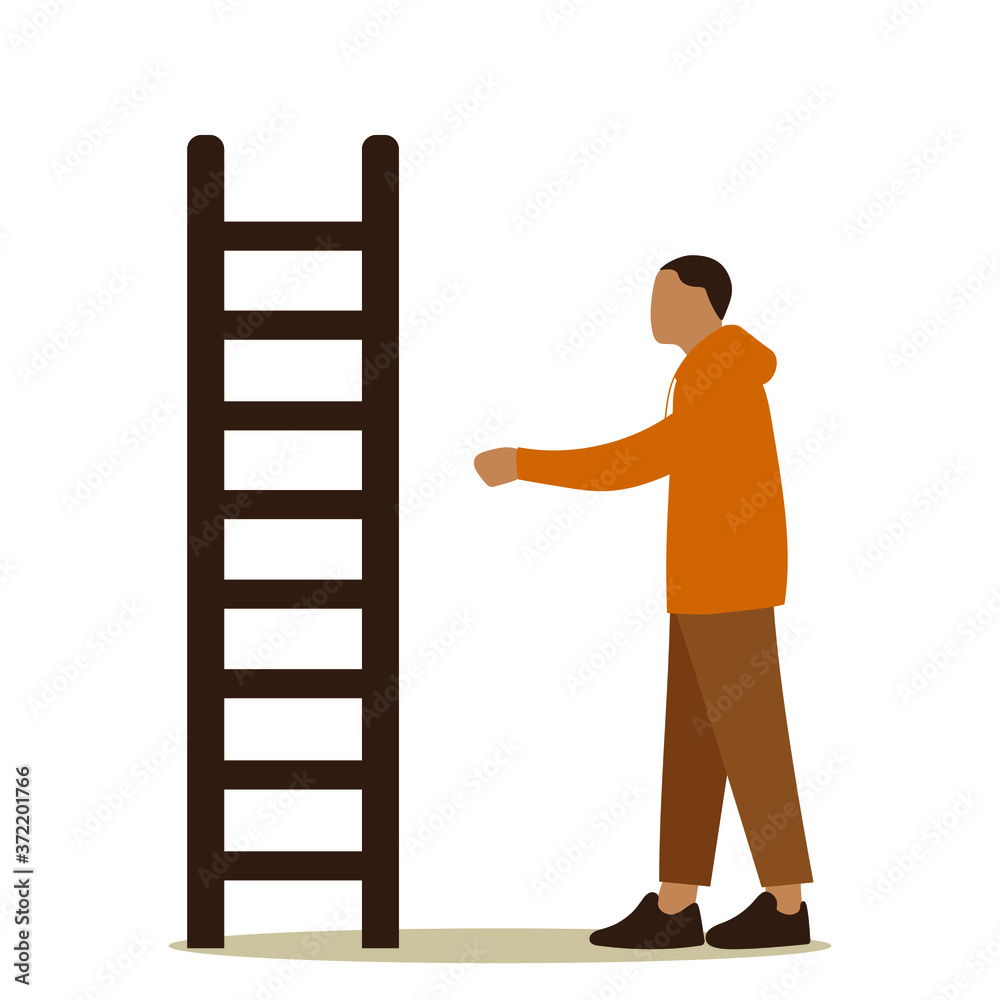Male character holds out his hand to the stairs on a white background Male character holds out his hand to the stairs on a white background