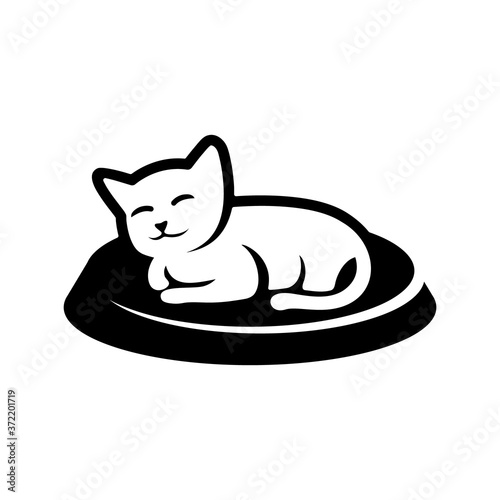 A happy little kitten logo with a lie on the floor with a base and formed from thick lines, beautiful, funny, adorable