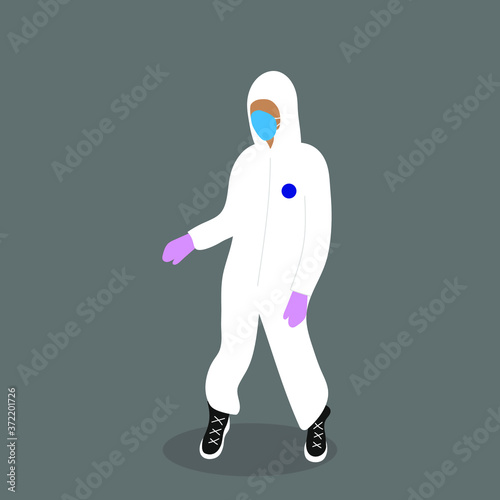 Female character in chemical protection suit, mask and gloves