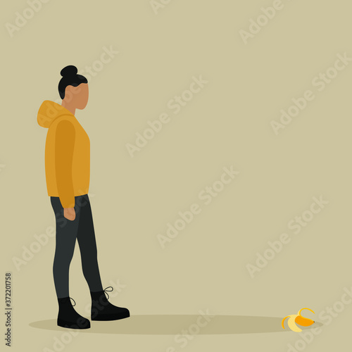 A female character goes and a banana peel lies on the floor