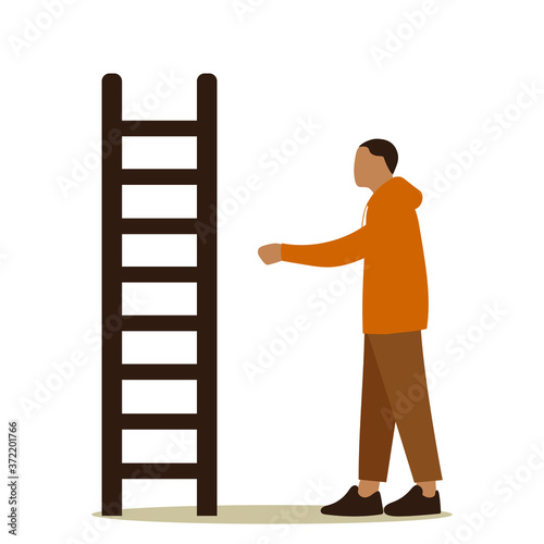 Male character holds out his hand to the stairs on a white background