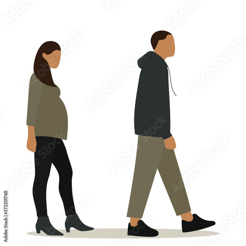
Male character and pregnant female character follow each other